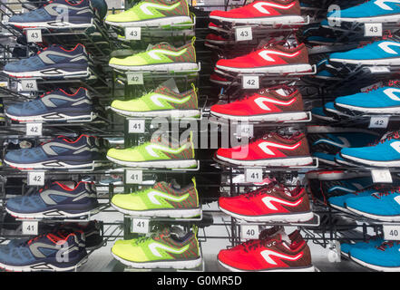 Kalenji branded running shoes in Decathlon store. 'Kalenji' is Decathlon`s own running (shoes and clothing) brand. Stock Photo